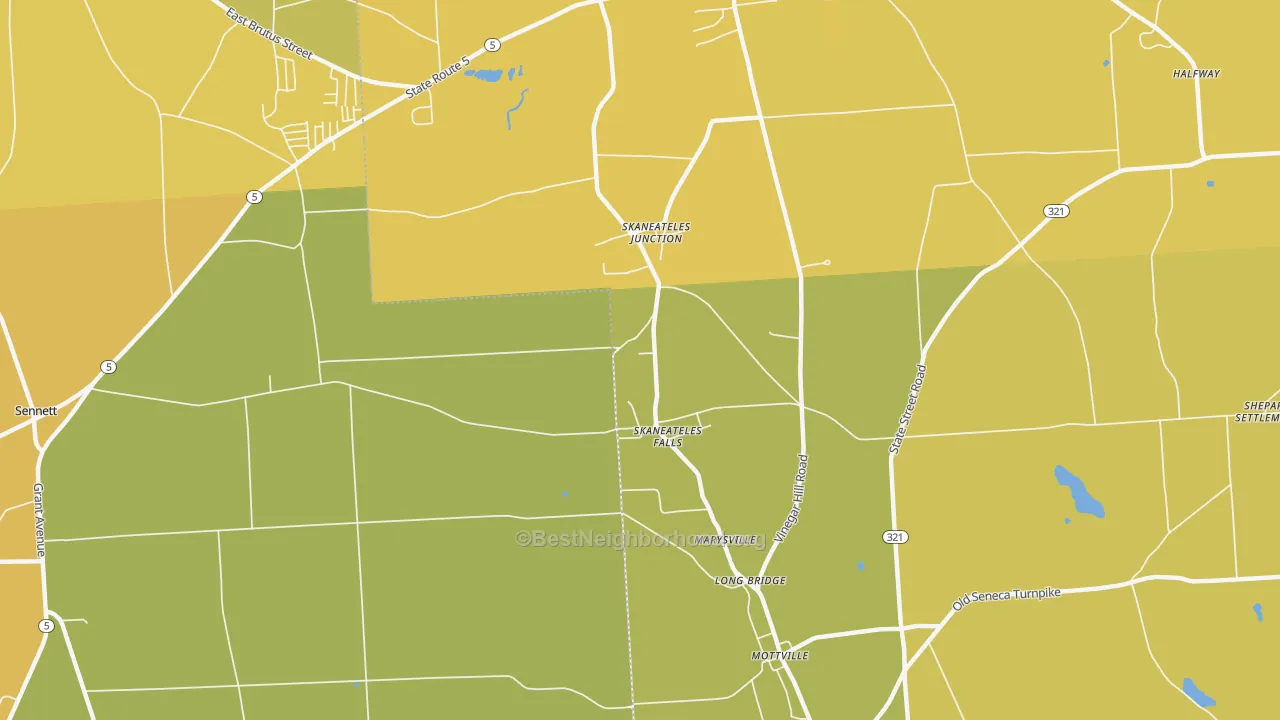 Map of the best neighborhoods in the Skaneateles Falls area, with better matches in green and worse matches in red