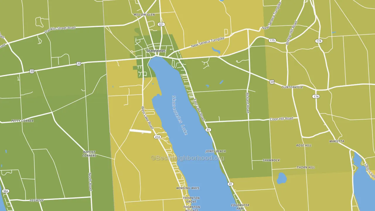 Map of the best neighborhoods in the Skaneateles area, with better matches in green and worse matches in red