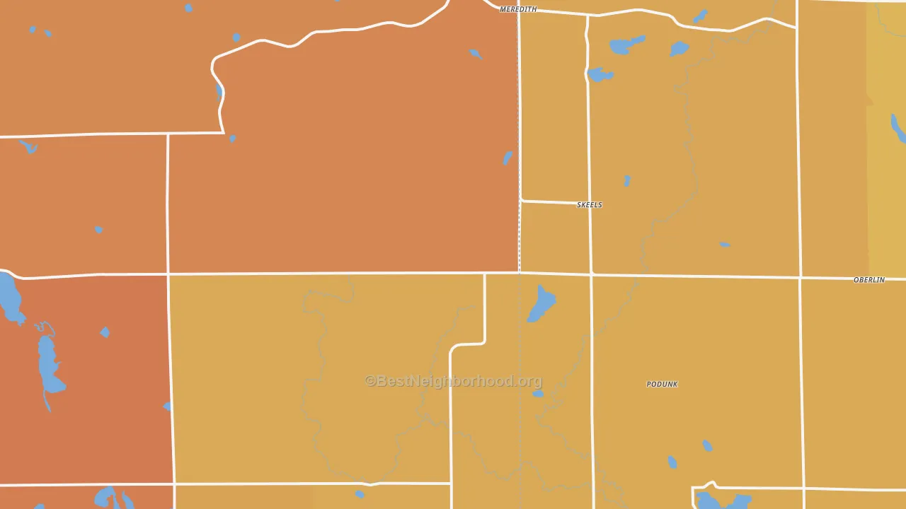 Map of the best neighborhoods in the Skeels area, with better matches in green and worse matches in red