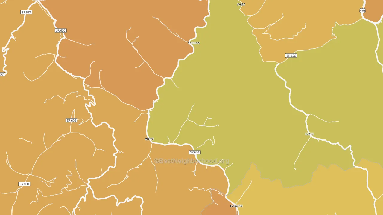 Map of the best neighborhoods in the Skeggs area, with better matches in green and worse matches in red