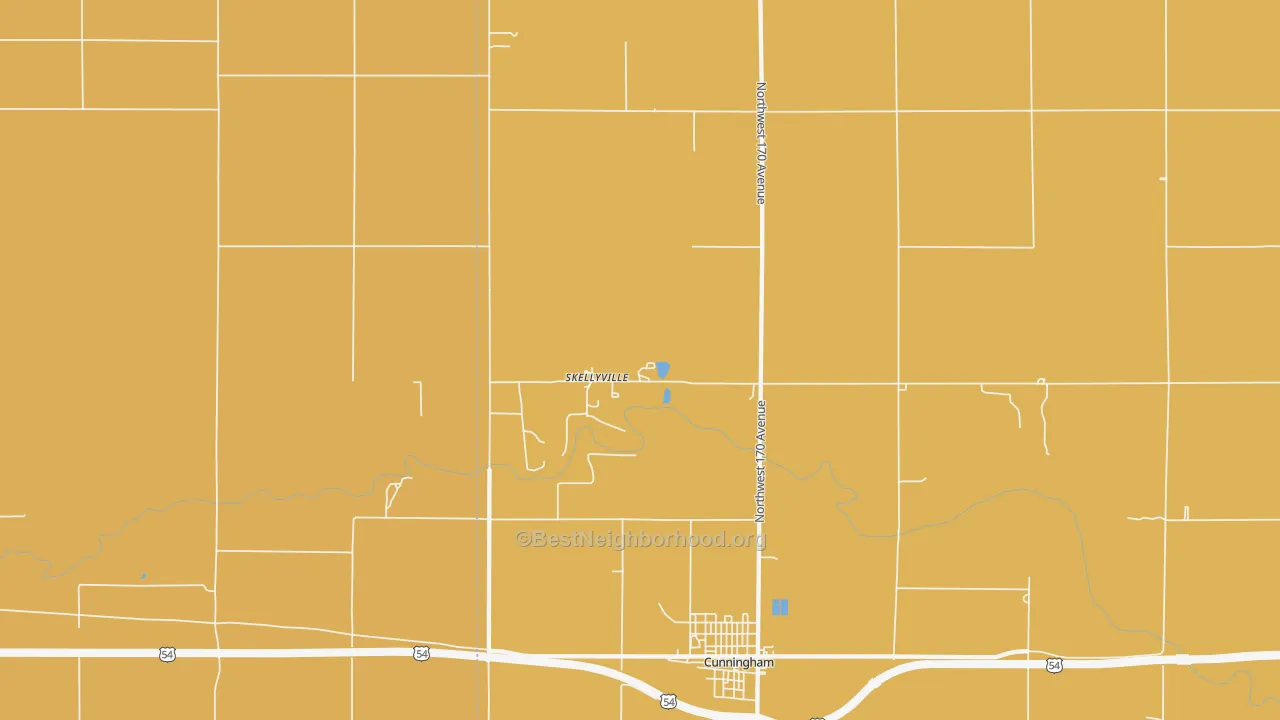 Map of the best neighborhoods in the Skellyville area, with better matches in green and worse matches in red