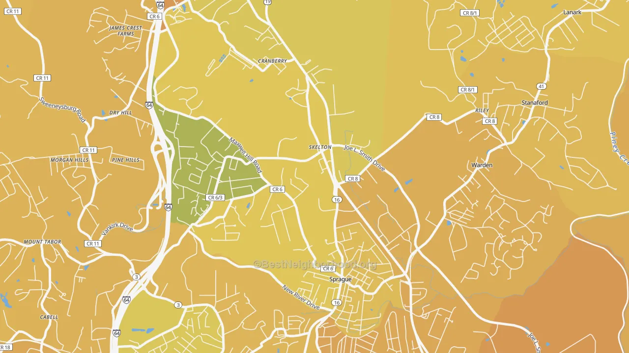 Map of the best neighborhoods in the Skelton area, with better matches in green and worse matches in red