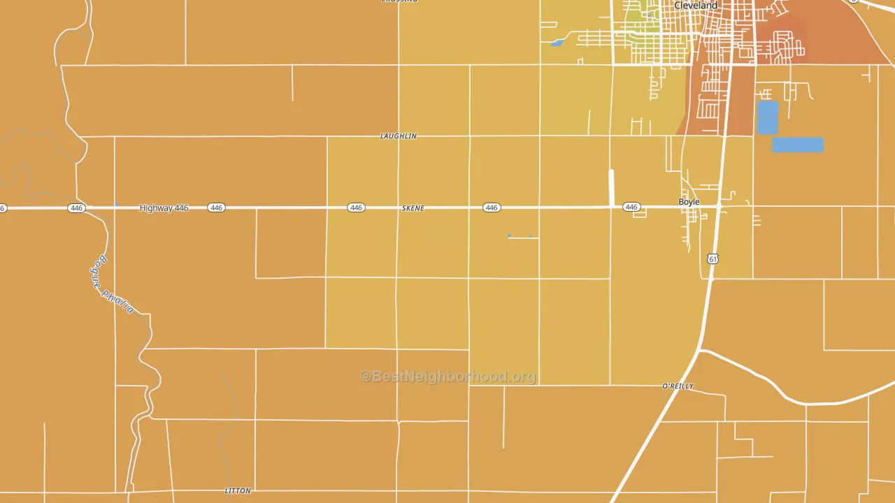 Map of the best neighborhoods in the Skene area, with better matches in green and worse matches in red