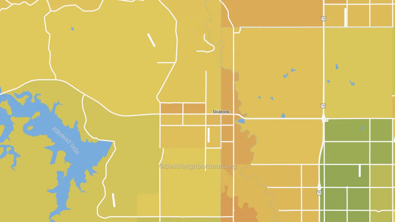 Map of the best neighborhoods in the Skiatook area, with better matches in green and worse matches in red