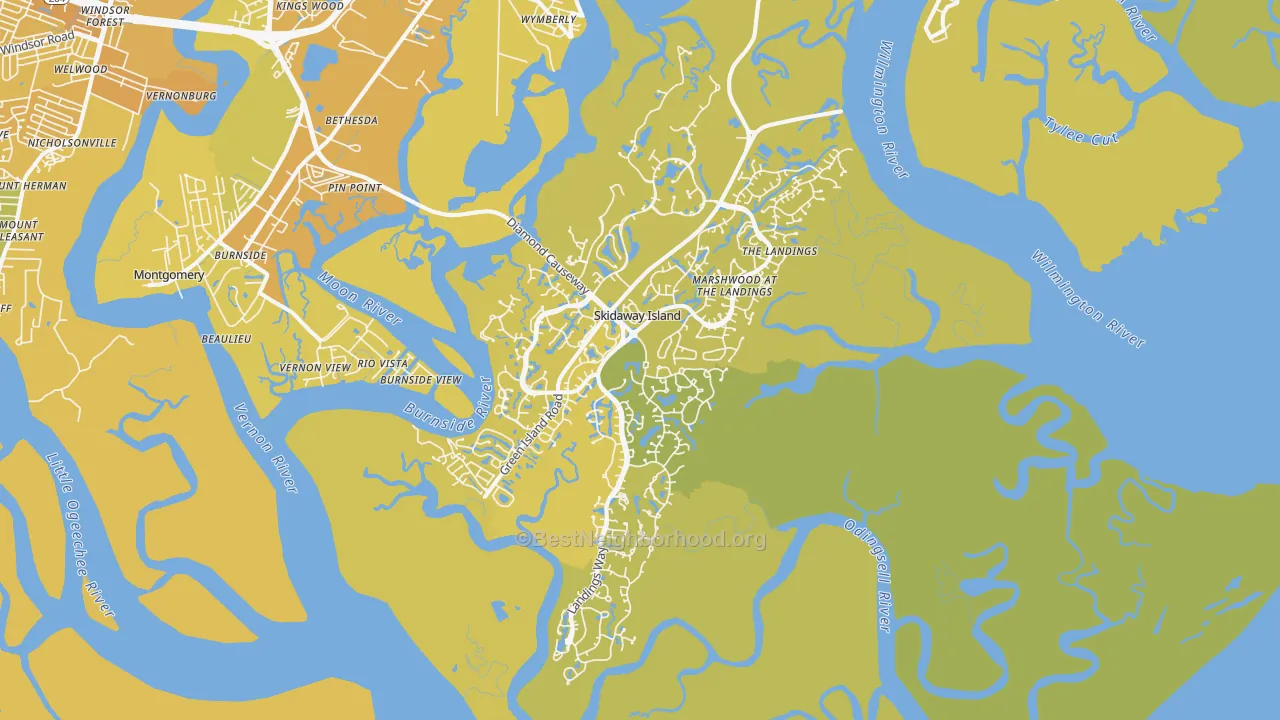 Map of the best neighborhoods in the Skidaway Island area, with better matches in green and worse matches in red