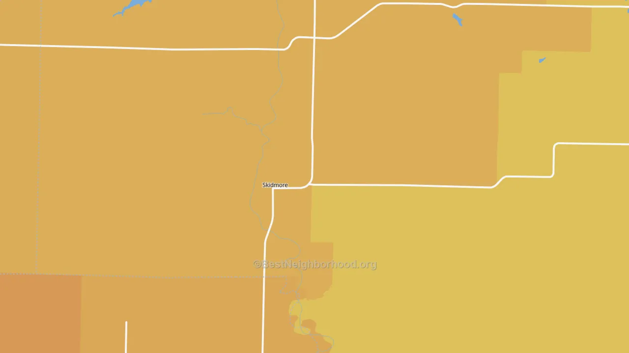 Map of the best neighborhoods in the Skidmore area, with better matches in green and worse matches in red