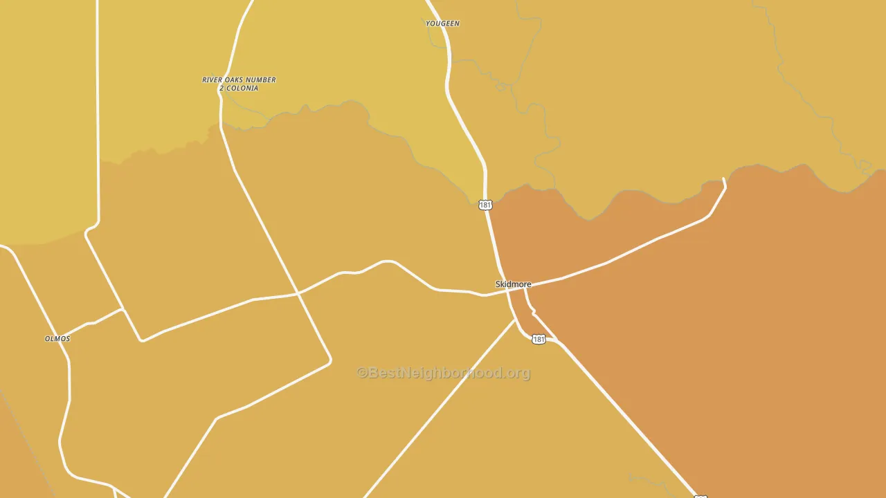 Map of the best neighborhoods in the Skidmore area, with better matches in green and worse matches in red