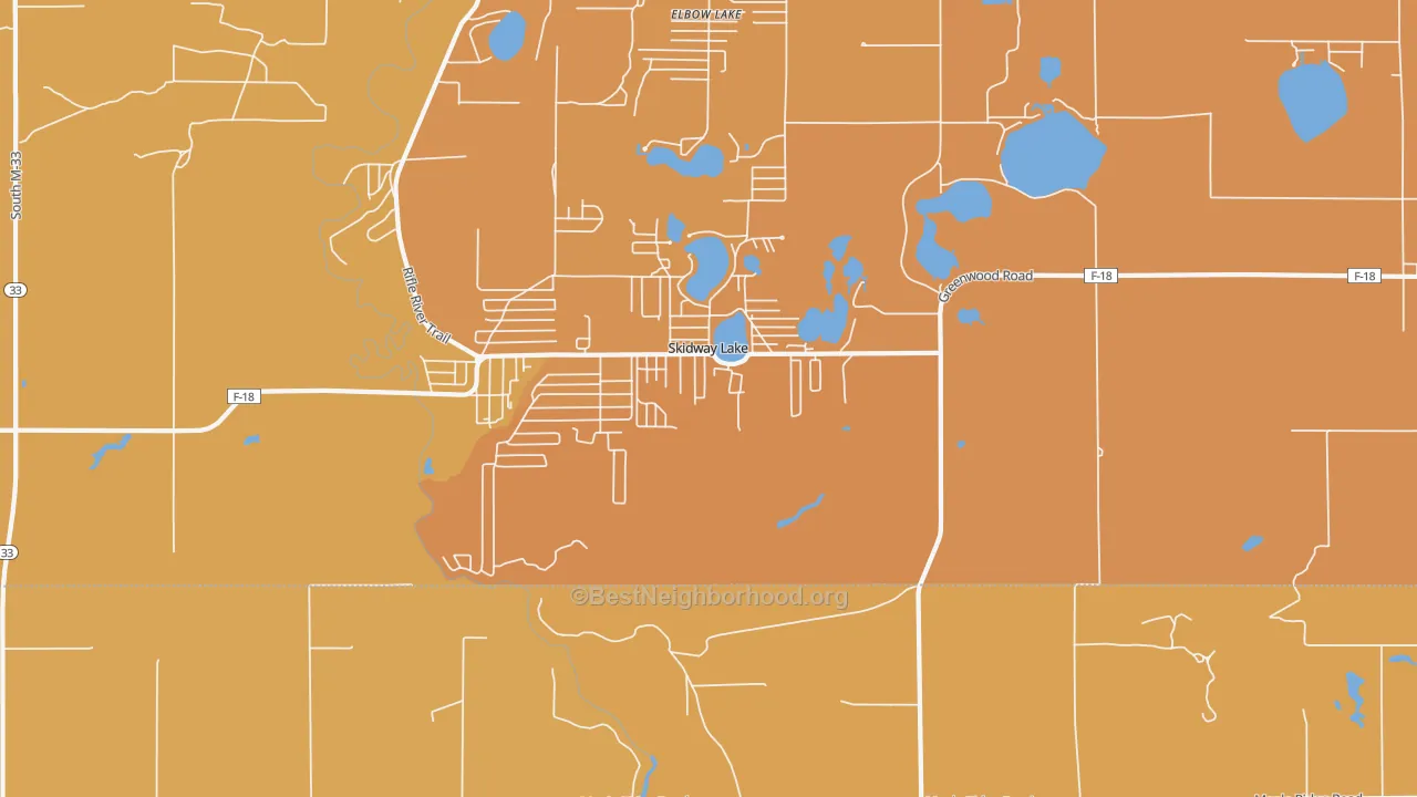 Map of the best neighborhoods in the Skidway Lake area, with better matches in green and worse matches in red