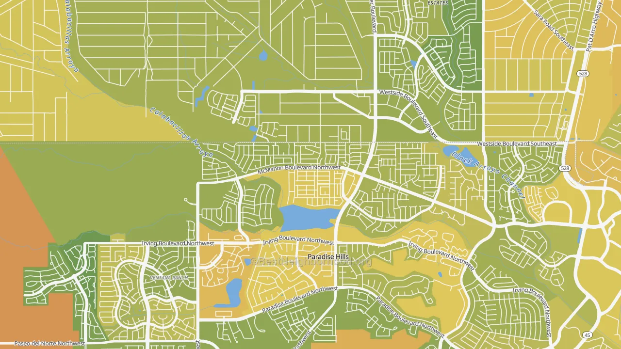 Map of the best neighborhoods in the Skies West, Albuquerque area, with better matches in green and worse matches in red