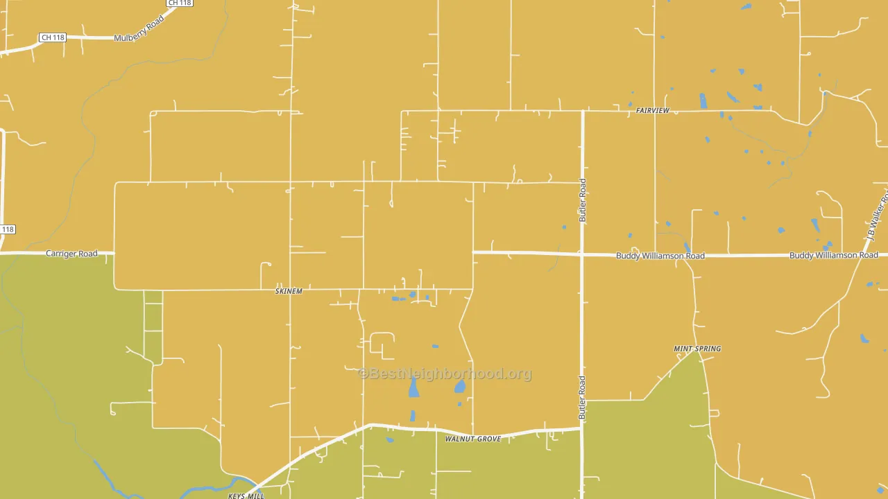 Map of the best neighborhoods in the Skinem area, with better matches in green and worse matches in red