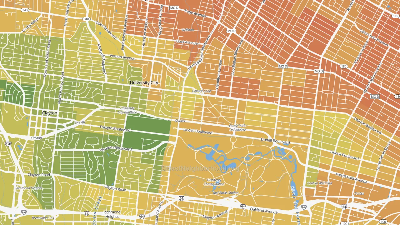 Map of the best neighborhoods in the Skinker-Debaliviere, St. Louis area, with better matches in green and worse matches in red