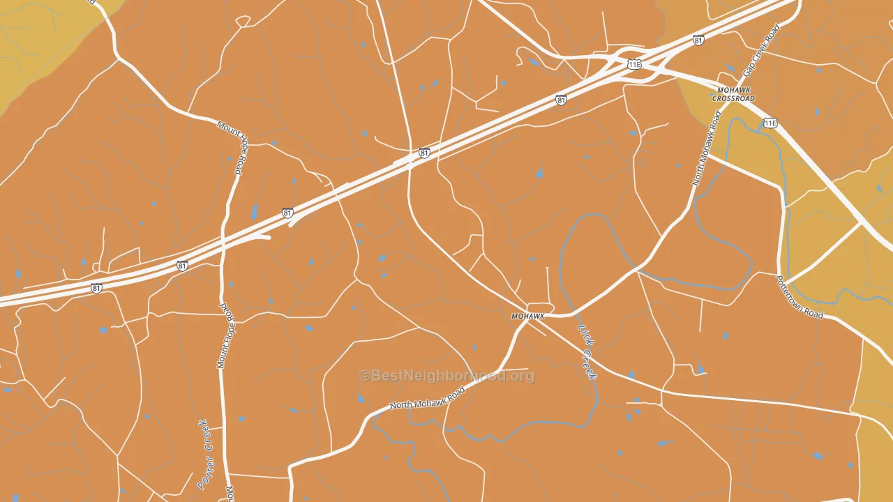 Map of the best neighborhoods in the Skinner Crossroad area, with better matches in green and worse matches in red