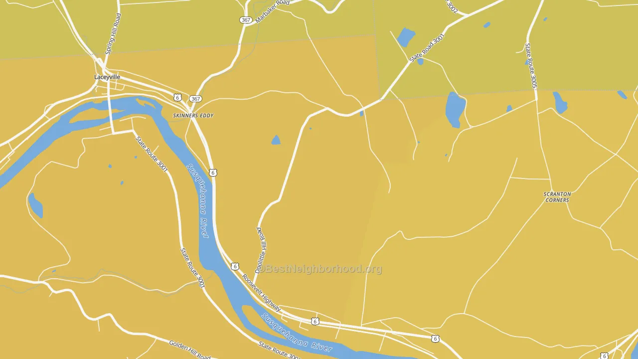 Map of the best neighborhoods in the Skinners Eddy area, with better matches in green and worse matches in red