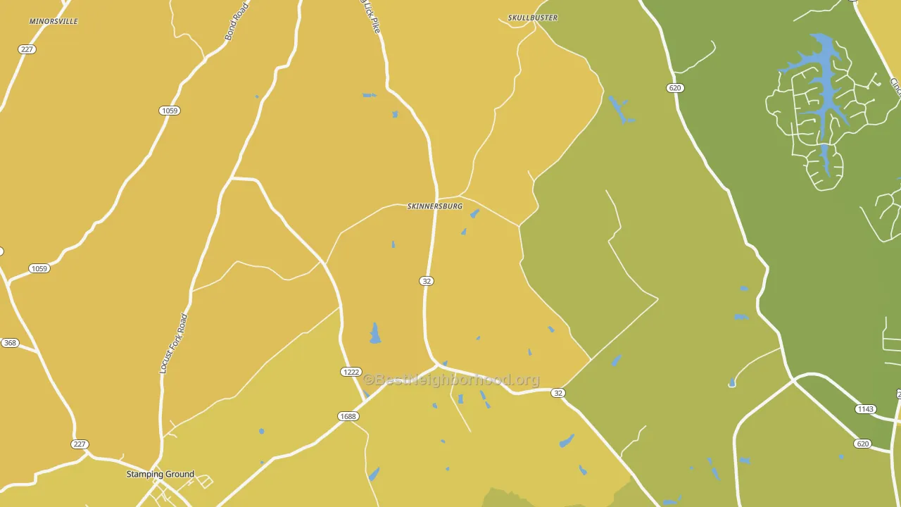 Map of the best neighborhoods in the Skinnersburg area, with better matches in green and worse matches in red