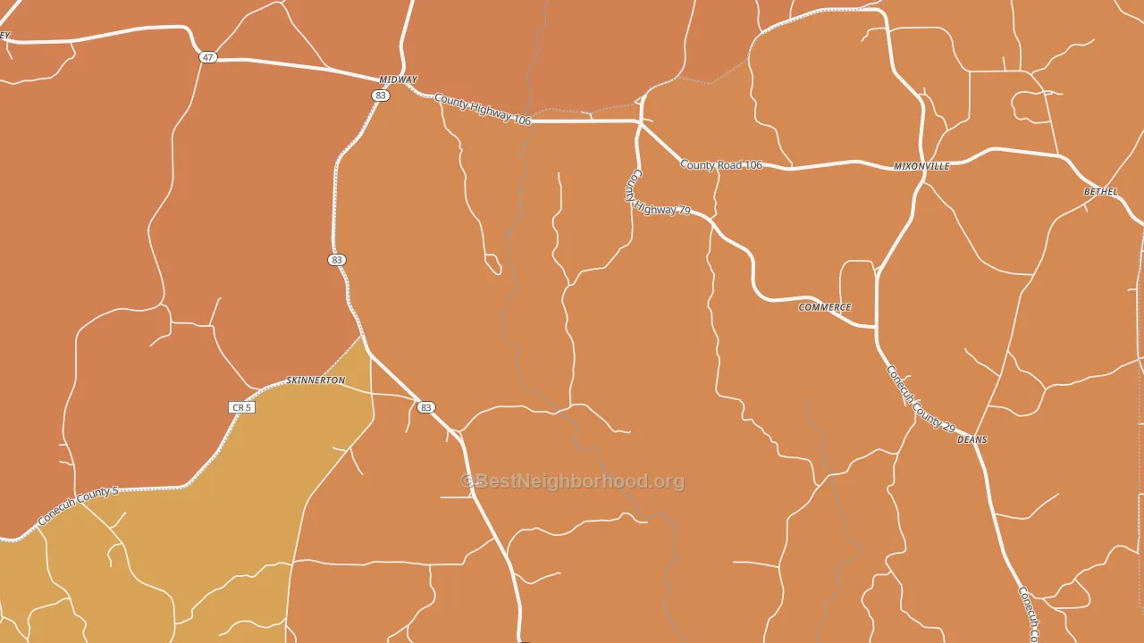 Map of the best neighborhoods in the Skinnerton area, with better matches in green and worse matches in red