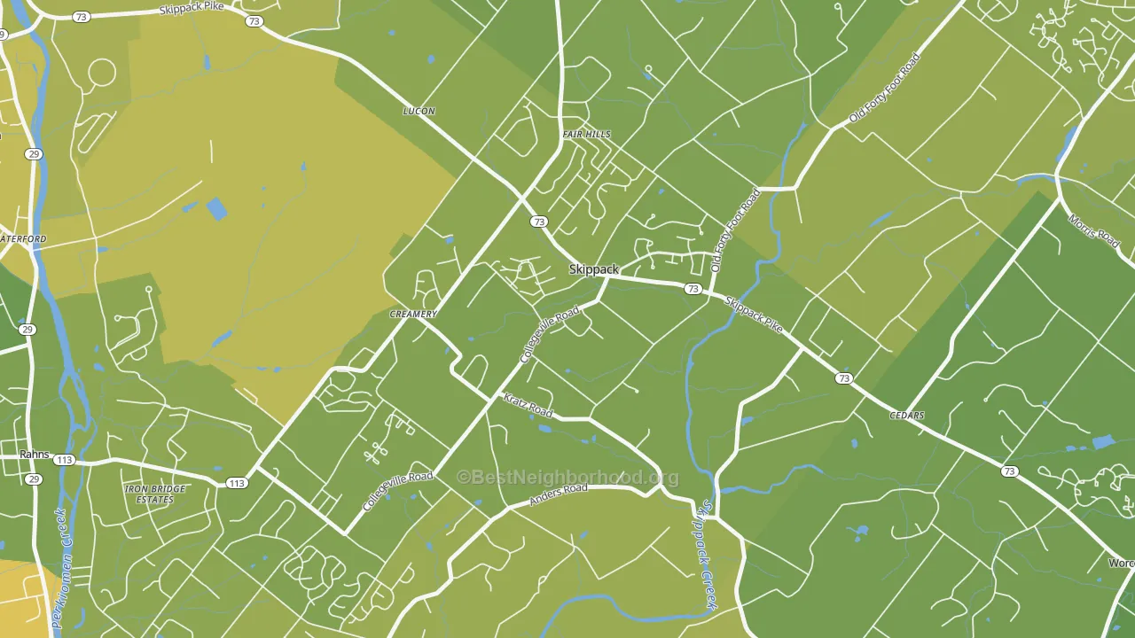 Map of the best neighborhoods in the Skippack area, with better matches in green and worse matches in red