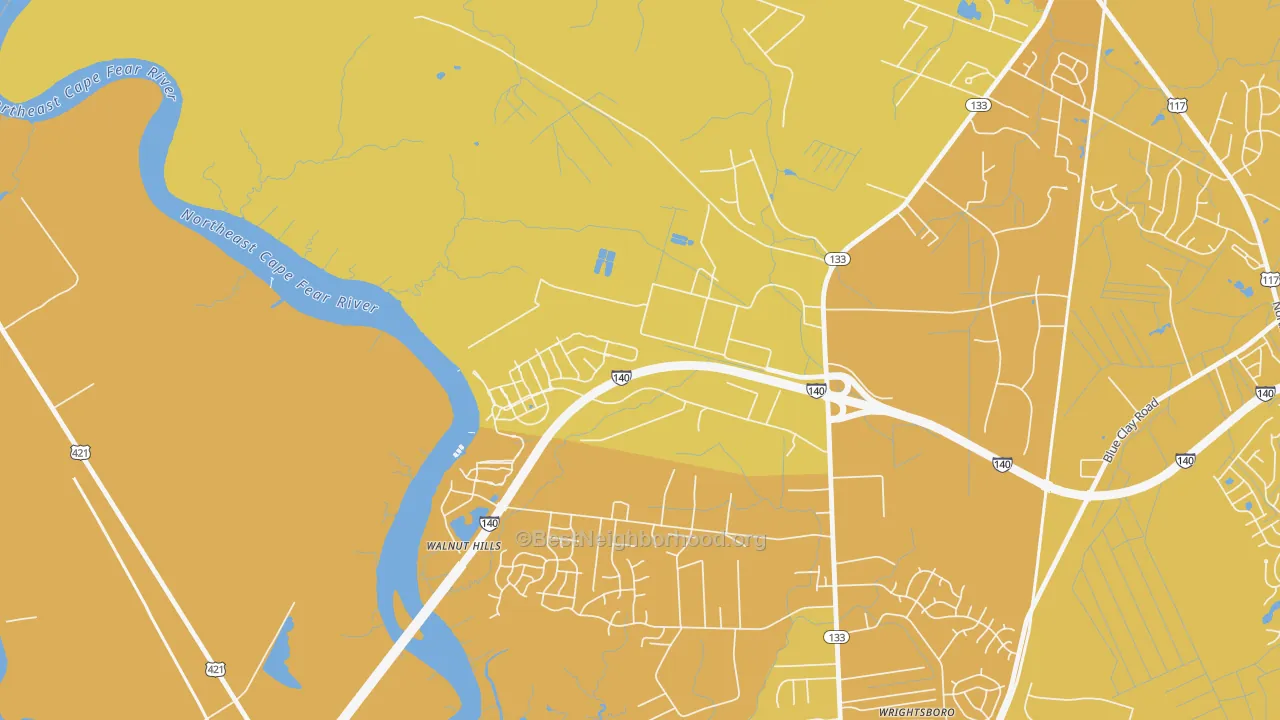 Map of the best neighborhoods in the Skippers Corner area, with better matches in green and worse matches in red