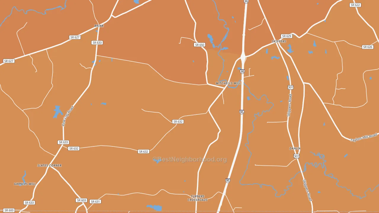 Map of the best neighborhoods in the Skippers area, with better matches in green and worse matches in red