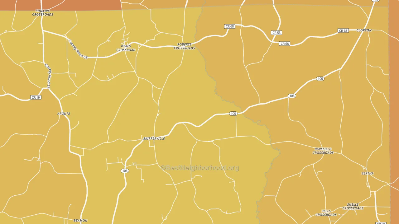 Map of the best neighborhoods in the Skipperville area, with better matches in green and worse matches in red