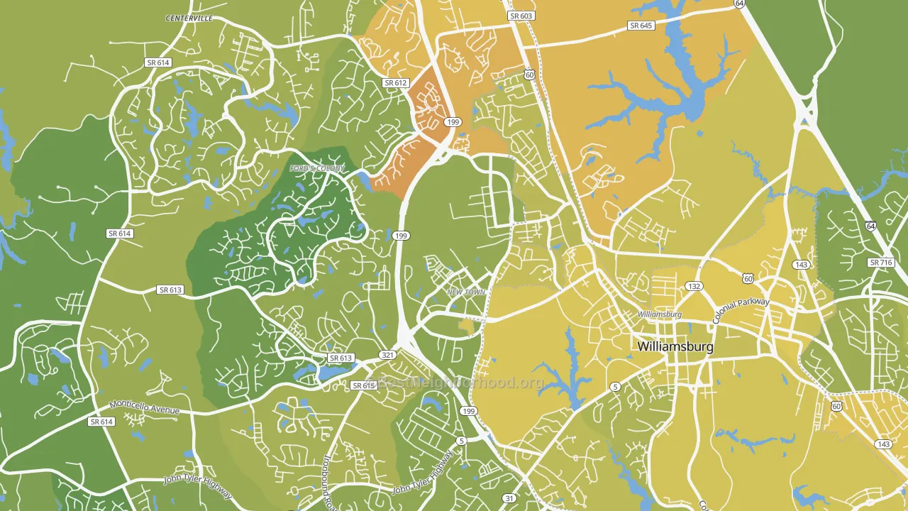Map of the best neighborhoods in the Skipwith Farms area, with better matches in green and worse matches in red