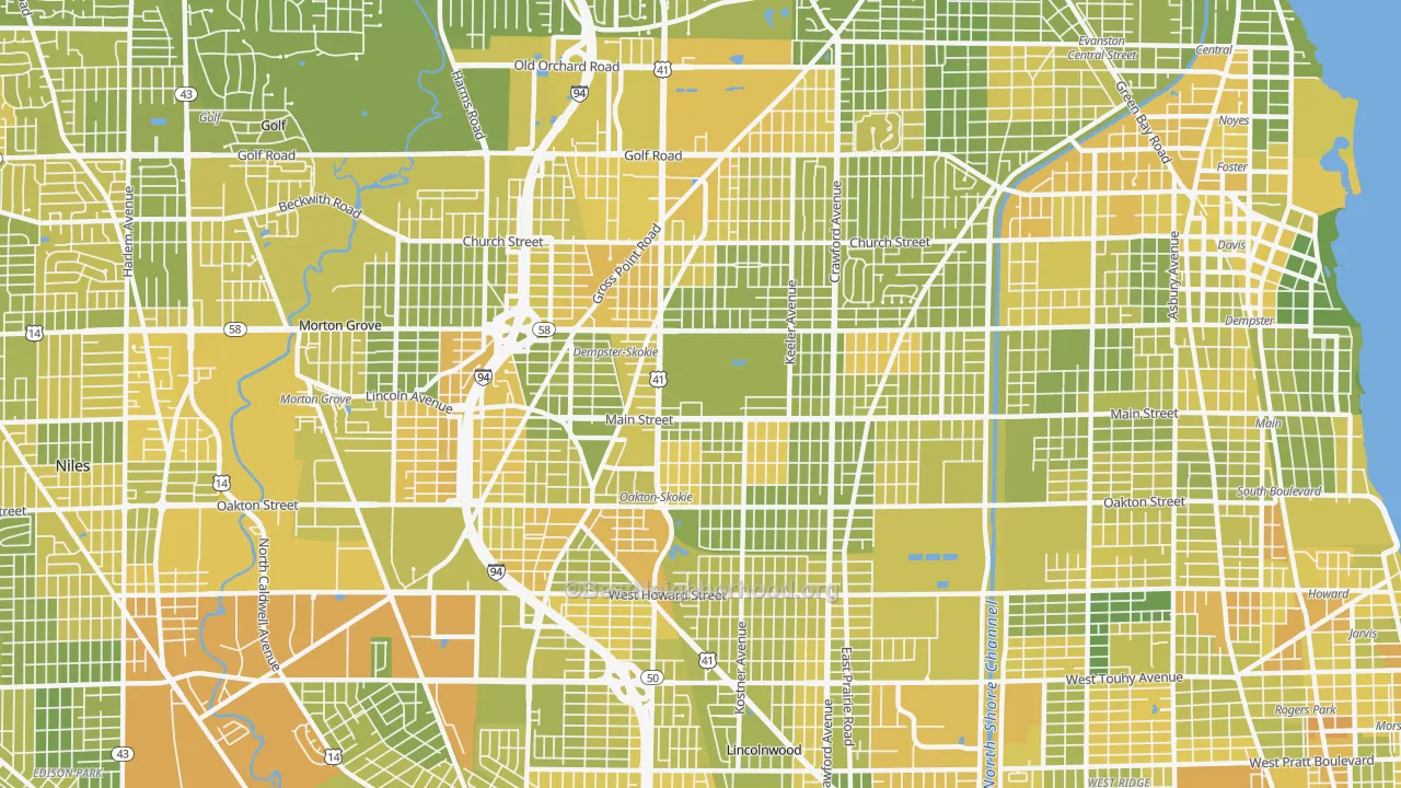 Map of the best neighborhoods in the Skokie area, with better matches in green and worse matches in red