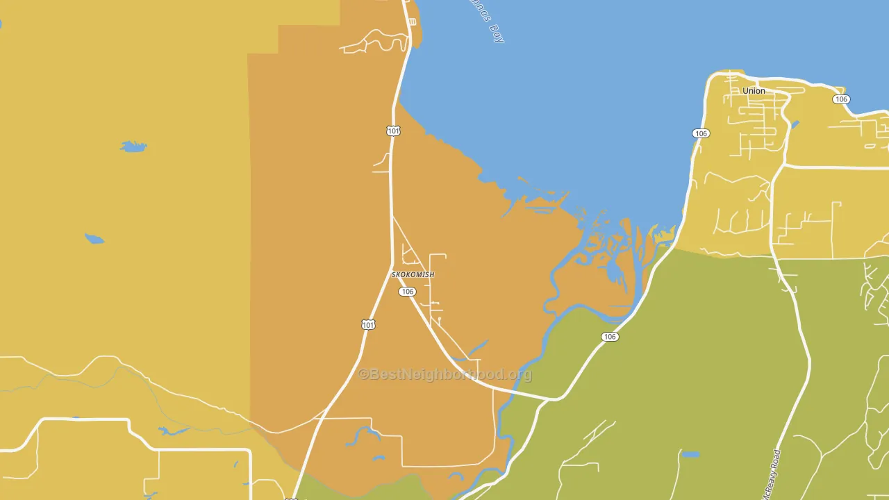 Map of the best neighborhoods in the Skokomish area, with better matches in green and worse matches in red