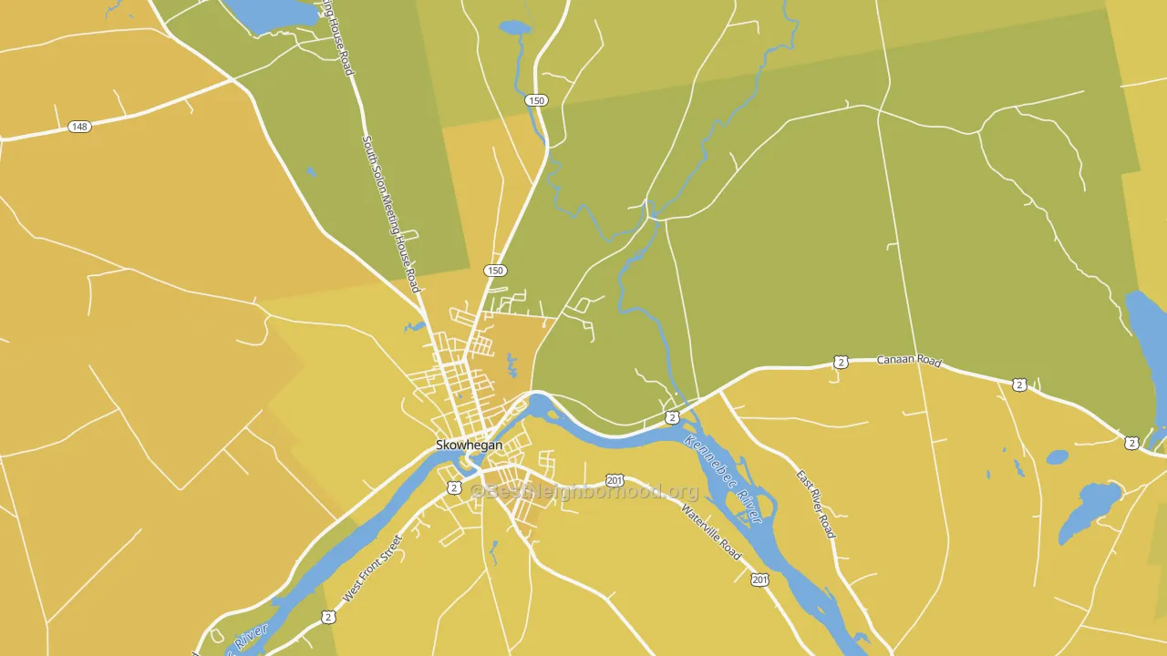 Map of the best neighborhoods in the Skowhegan area, with better matches in green and worse matches in red