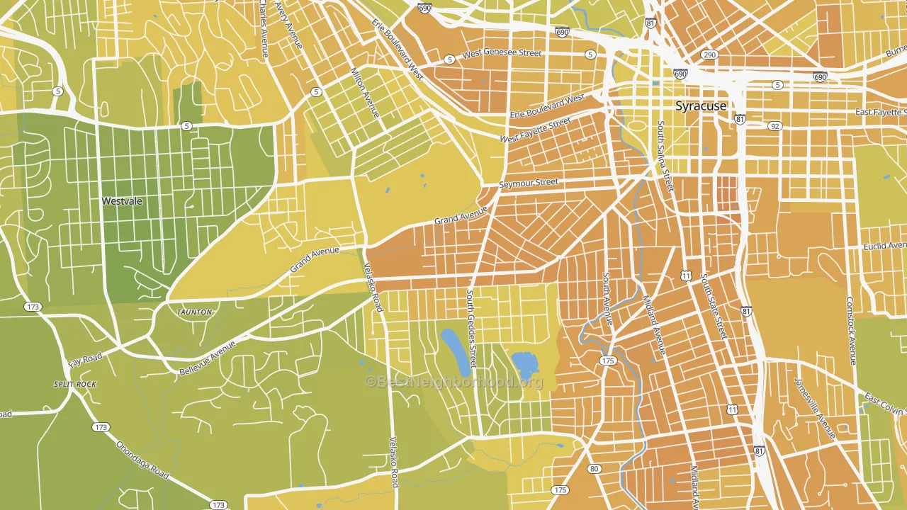 Map of the best neighborhoods in the Skunk City, Syracuse area, with better matches in green and worse matches in red