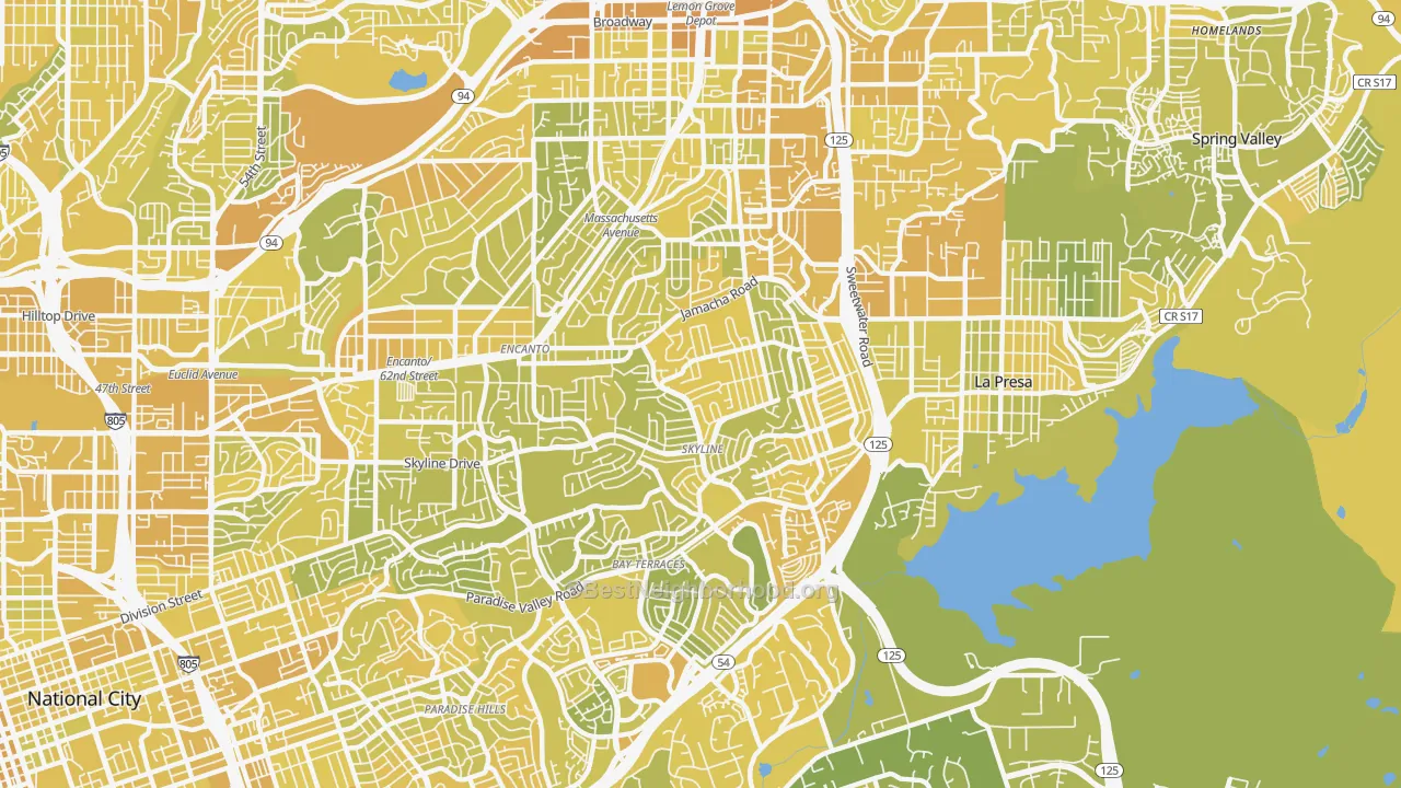 Map of the best neighborhoods in the Sky Line, San Diego area, with better matches in green and worse matches in red