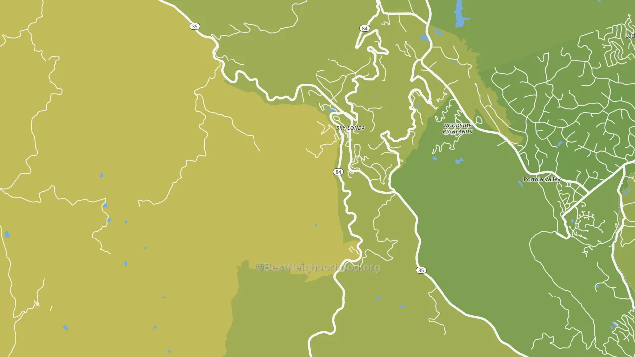 Map of the best neighborhoods in the Sky Londa area, with better matches in green and worse matches in red