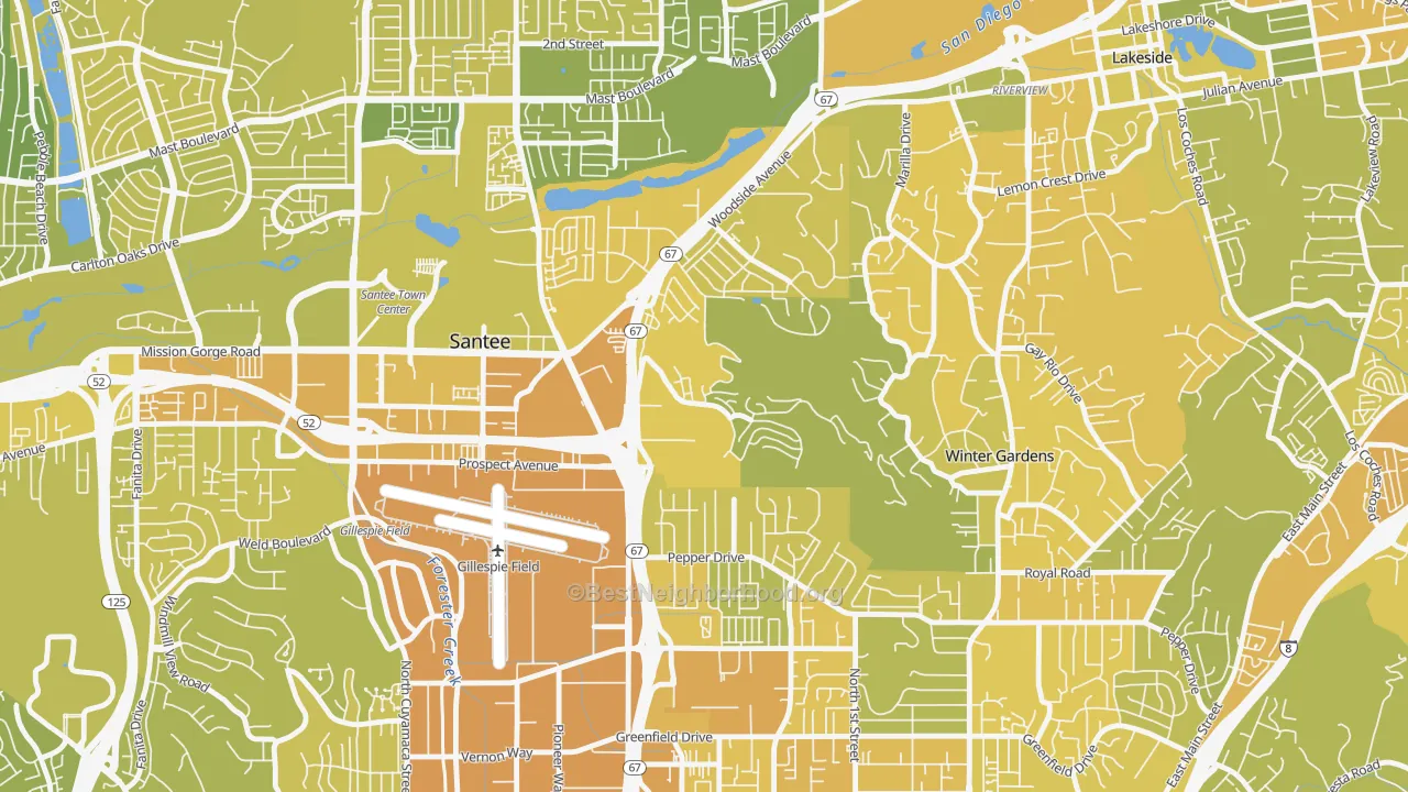 Map of the best neighborhoods in the Sky Ranch, Santee area, with better matches in green and worse matches in red