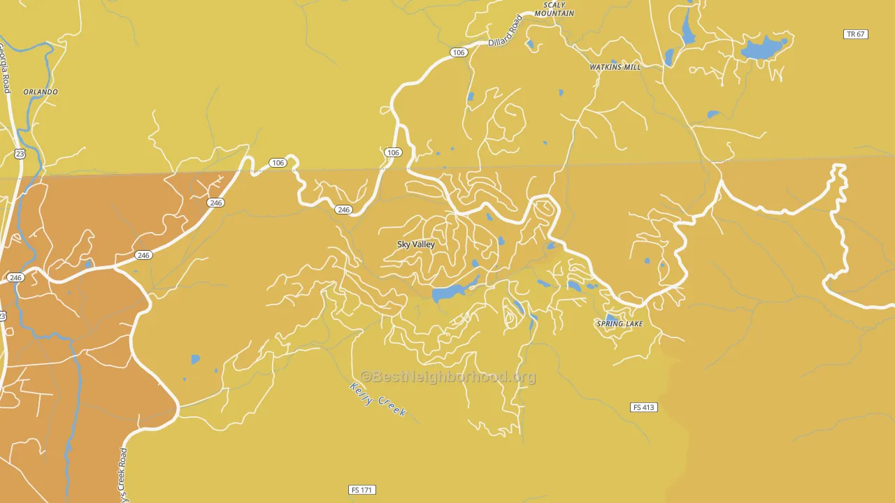 Map of the best neighborhoods in the Sky Valley area, with better matches in green and worse matches in red