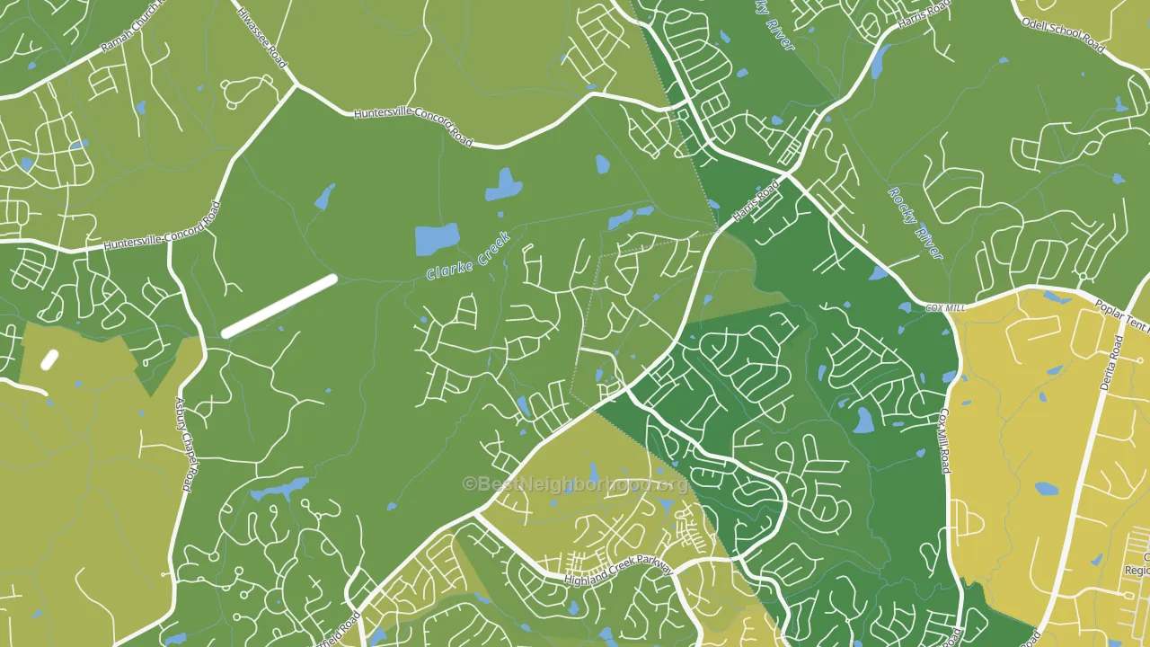 Map of the best neighborhoods in the Skybrook, Huntersville area, with better matches in green and worse matches in red