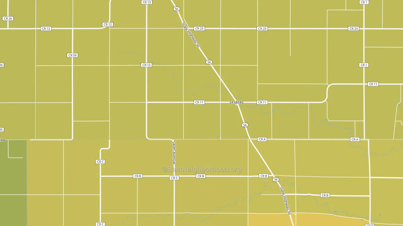 Map of the best neighborhoods in the Skyburg area, with better matches in green and worse matches in red