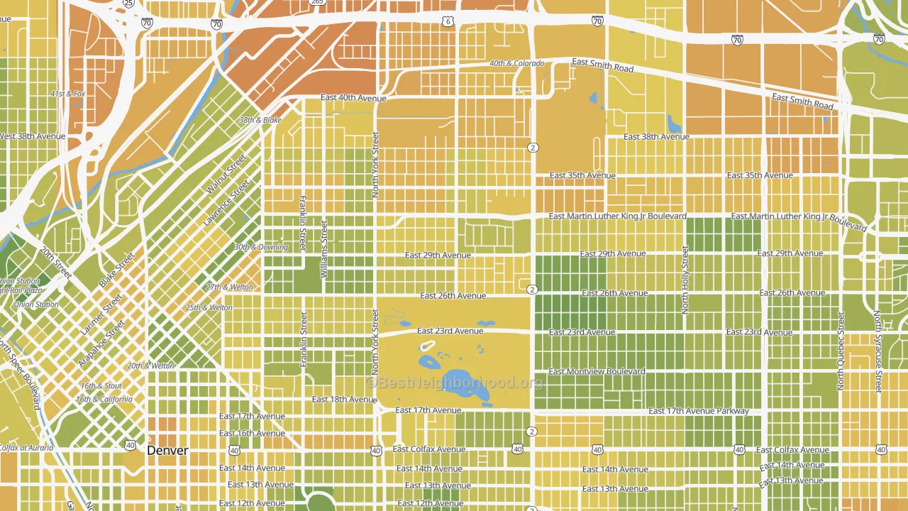 Map of the best neighborhoods in the Skyland, Denver area, with better matches in green and worse matches in red