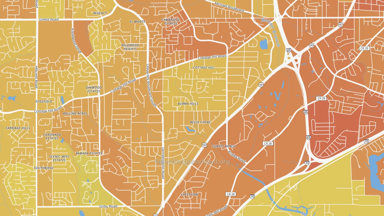 Map of the best neighborhoods in the Skyland Park, Mobile area, with better matches in green and worse matches in red