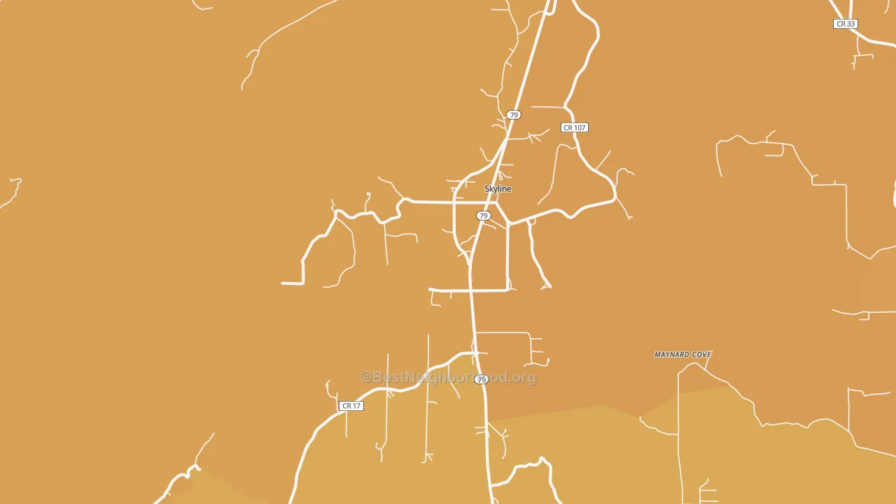Map of the best neighborhoods in the Skyline area, with better matches in green and worse matches in red