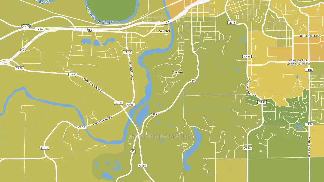 Map of the best neighborhoods in the Skyline area, with better matches in green and worse matches in red