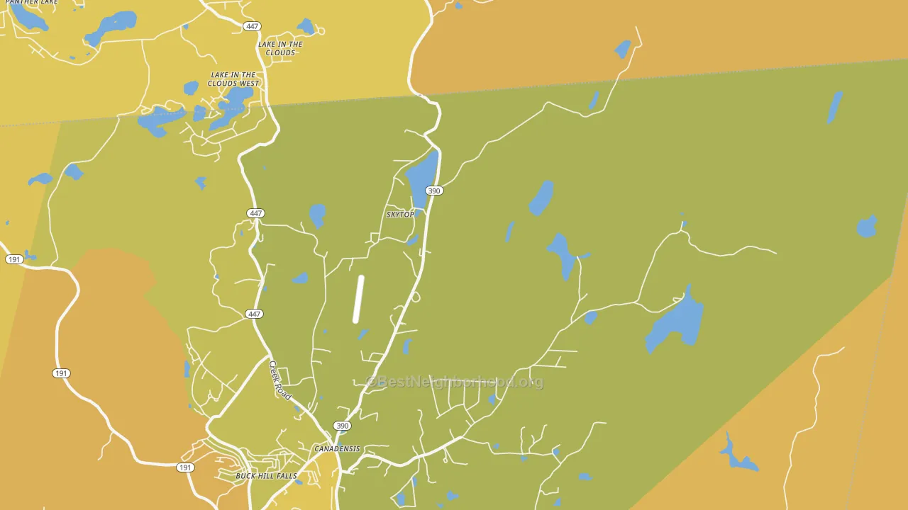 Map of the best neighborhoods in the Skytop area, with better matches in green and worse matches in red