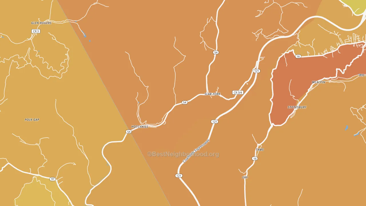 Map of the best neighborhoods in the Slab Fork area, with better matches in green and worse matches in red