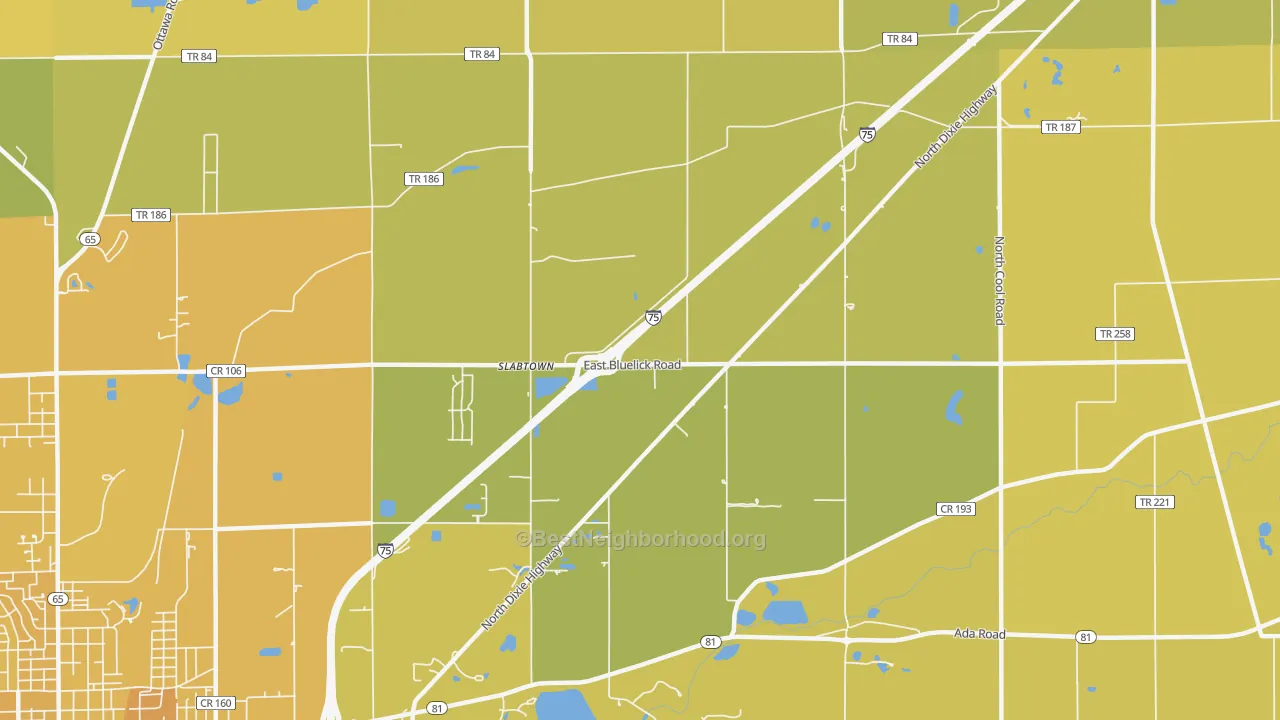 Map of the best neighborhoods in the Slabtown area, with better matches in green and worse matches in red