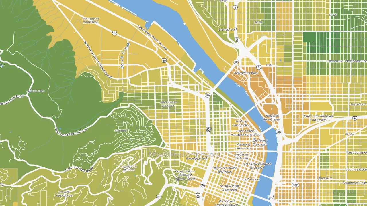 Map of the best neighborhoods in the Slabtown, Portland area, with better matches in green and worse matches in red
