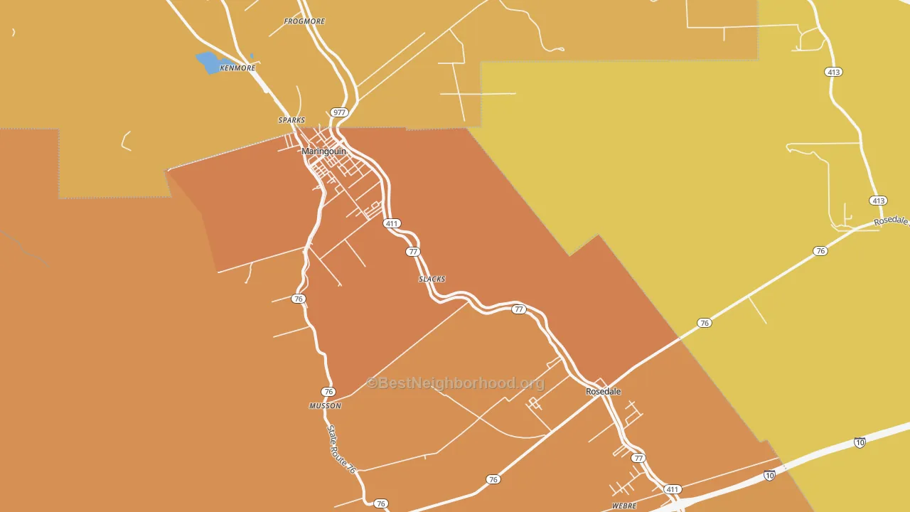 Map of the best neighborhoods in the Slacks area, with better matches in green and worse matches in red