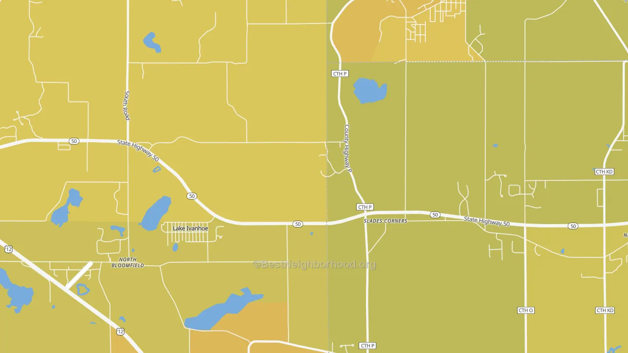 Map of the best neighborhoods in the Slades Corner area, with better matches in green and worse matches in red