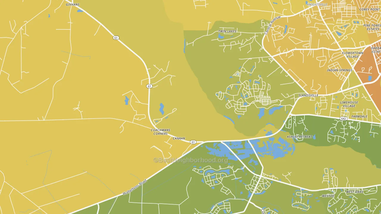 Map of the best neighborhoods in the Slandsville area, with better matches in green and worse matches in red