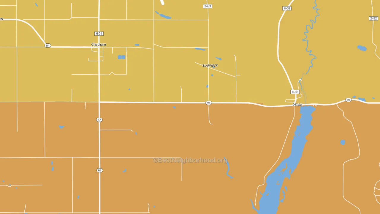 Map of the best neighborhoods in the Slapneck area, with better matches in green and worse matches in red