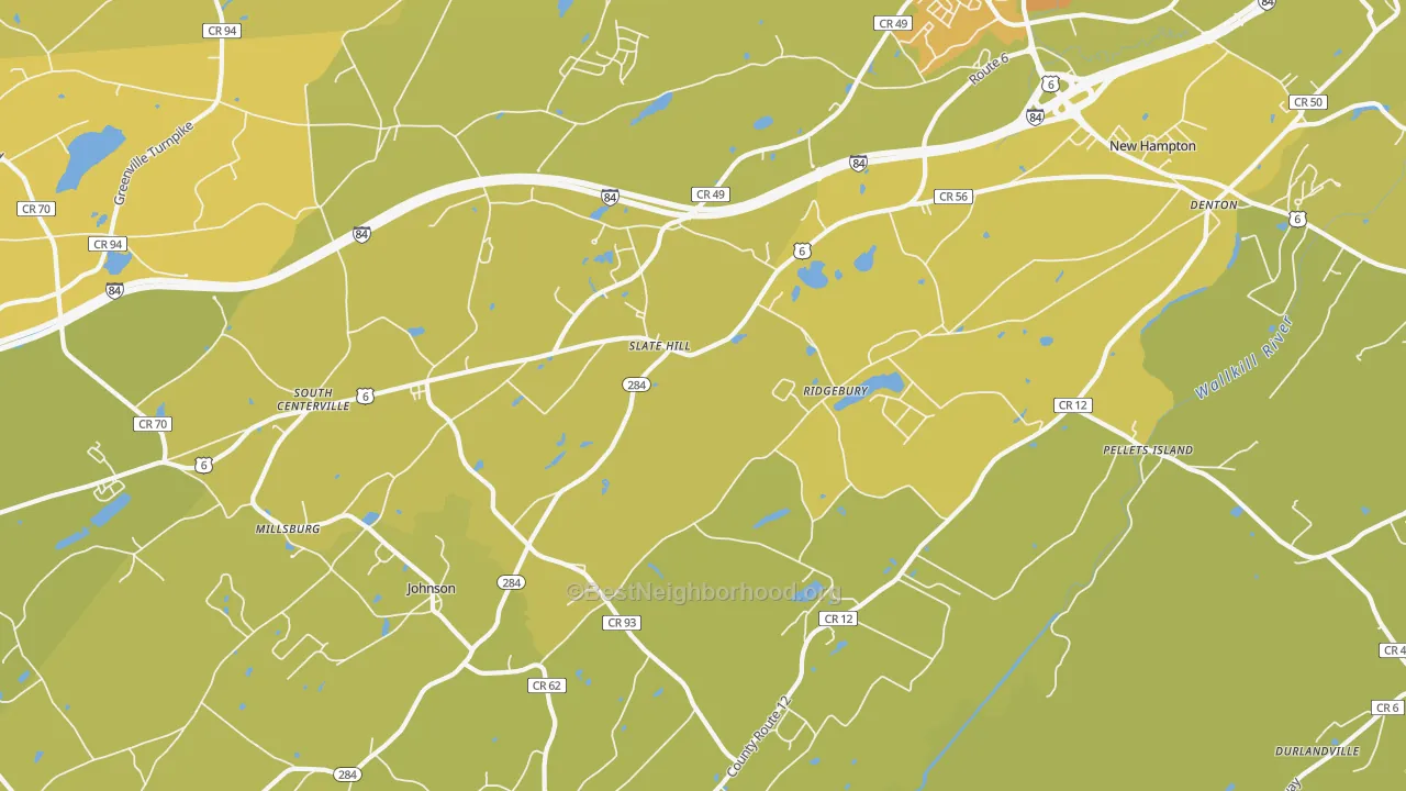 Map of the best neighborhoods in the Slate Hill area, with better matches in green and worse matches in red