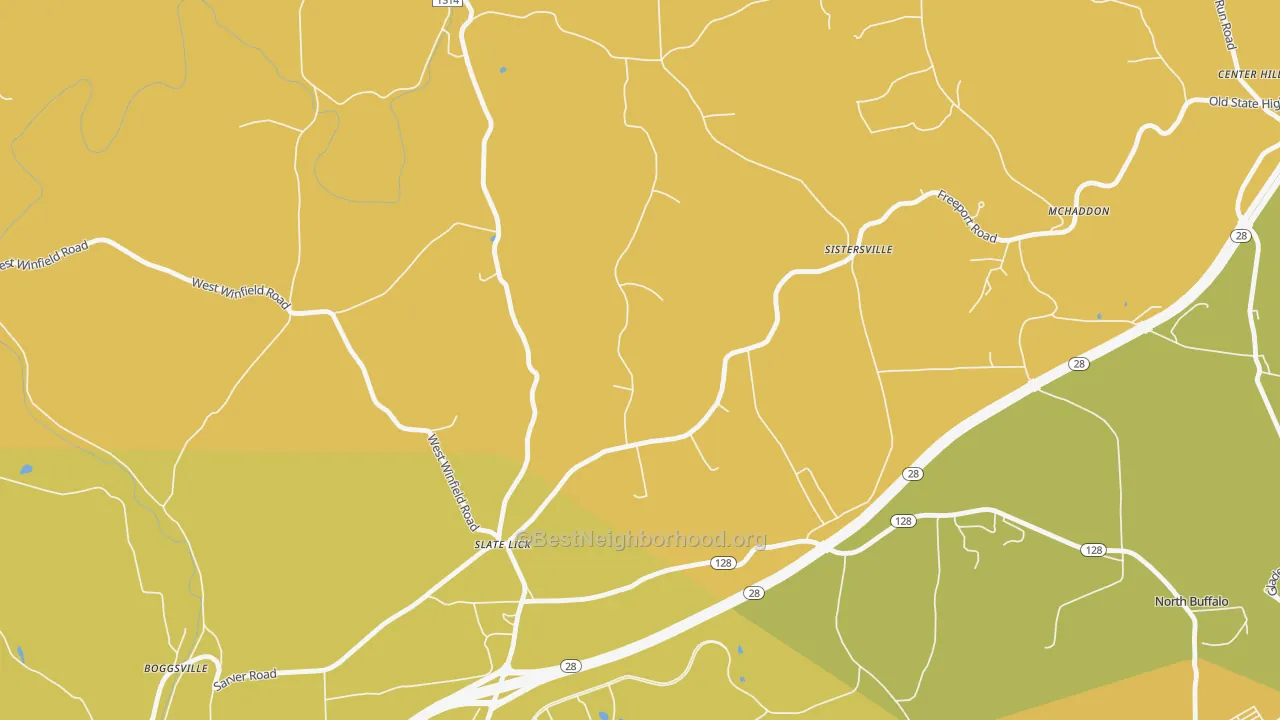 Map of the best neighborhoods in the Slate Lick area, with better matches in green and worse matches in red