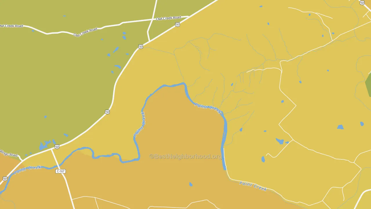 Map of the best neighborhoods in the Slate Mills area, with better matches in green and worse matches in red