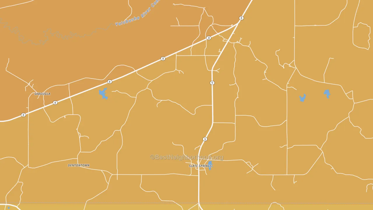 Map of the best neighborhoods in the Slate Spring area, with better matches in green and worse matches in red
